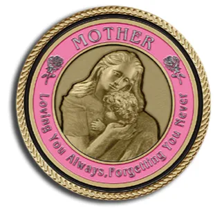Bronze emblem of a mother holding a child.