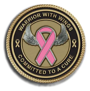 Bronze emblem with a winged ribbon, committed to a cure.